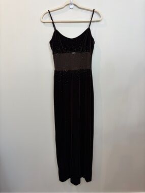 VTG 90s Y2K Cachet Womens Brown Stretch Velvet Beaded Maxi Dress Formal Size 6
